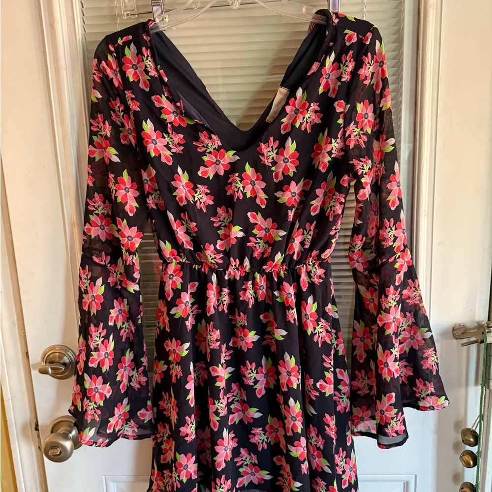 Altar'd State black Floral Dress Bell Sleeves Flowy Lightweight Tie Back